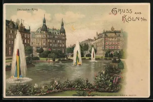 Lithographie Köln a. Rh., Anlagen und Gebäude am Deutschen Ring, beleuchtete Fenster und Fontäne, Halt gegen das Licht