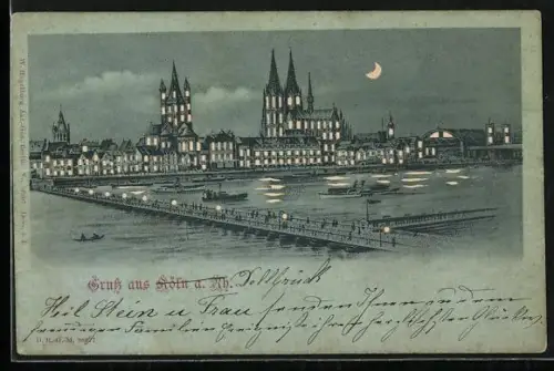 Mondschein-AK Köln a. Rh., Stadtansicht mit leuchtenden Fenstern, Halt gegen das Licht