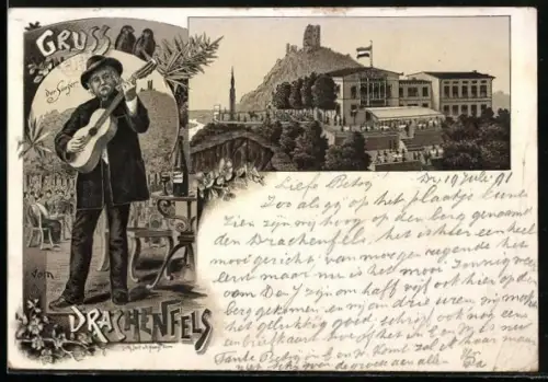 Vorläufer-Lithographie Drachenfels, 1891, Der Sänger mit Gitarre, Gasthaus und Ruine