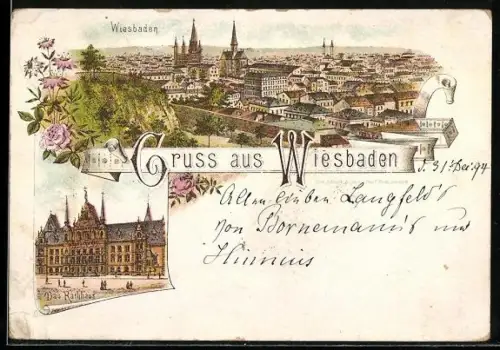 Vorläufer-Lithographie Wiesbaden, 1894, Rathaus und Totalansicht
