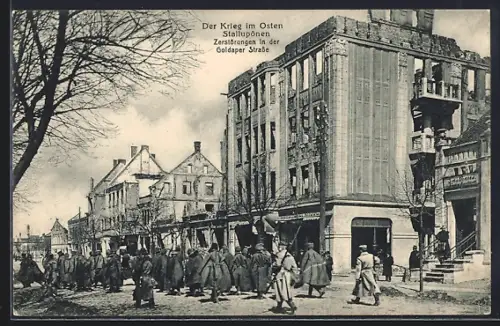 AK Stallupönen, Zerstörungen in der Goldaper Strasse, zerstörtes Gasthaus