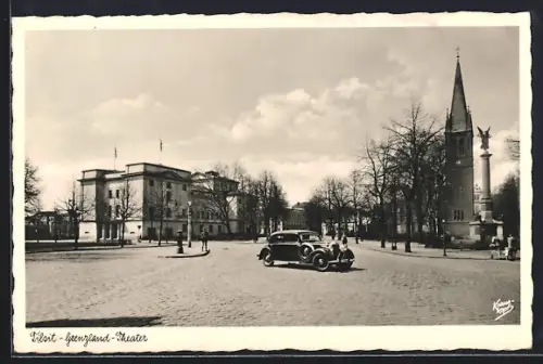 AK Tilsit, Grenzland-Theater, Säule mit Siegesgöttin