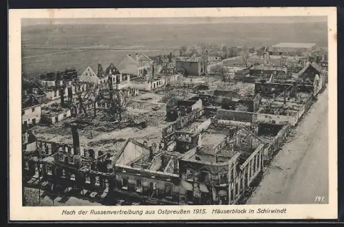 AK Schirwindt, Zerstörte Gebäude 1915 aus der Vogelschau