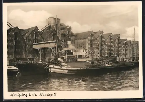 AK Königsberg, Speicherhäuser am Hundegatt, Frachtkähne