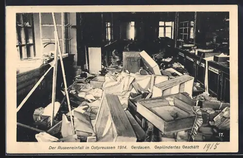 AK Gerdauen, Geplündertes Geschäft, Einfall durch russische Truppen 1914