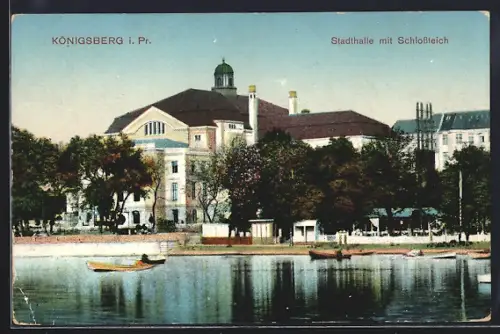 AK Königsberg i. Pr., Stadthalle mit Schlossteich