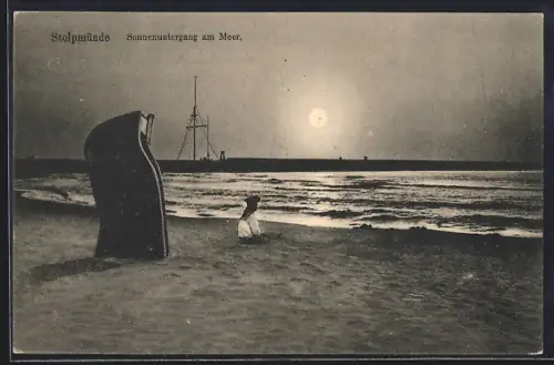 AK Stolpmünde, Sonnenuntergang am Meer