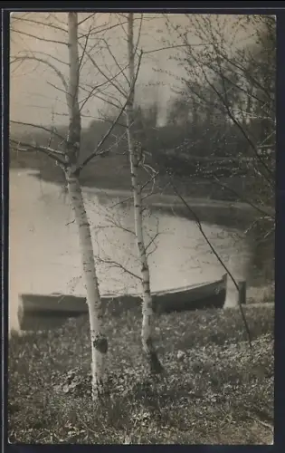 AK Polzin in Pomm., Blick über den See mit Ruderboot