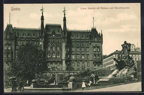 AK Stettin, Grüne Schanze mit Rathaus und Manzelbrunnen