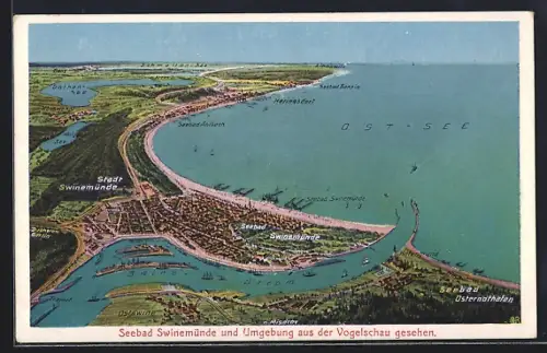 AK Swinemünde, die Ostseeküste aus der Vogelschau mit Blick auf Osternothafen und Misdroy