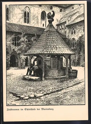 Künstler-AK Marienburg, Ziehbrunnen im Schlosshofe der Marienburg