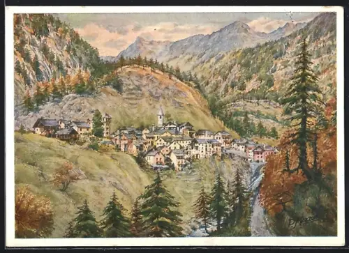 Künstler-AK Fusio /V. Maggia, Panorama mit Bergen