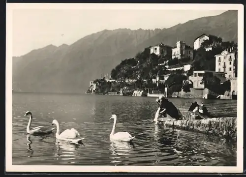 AK Ascona, Damen beim Kleidung waschen im See mit Schwänen