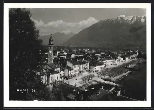 AK Ascona, Blick auf den Ort mit verschneiten Gipfeln