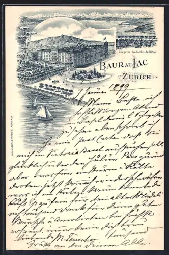 Lithographie Zurich, Baur au Lac, Vue prise du Jardin de l`Hôtel