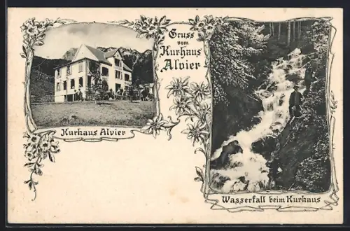 AK Wartau, Gruss vom Kurhaus Alvier, Wasserfall beim Kurhaus