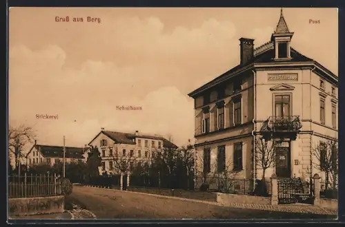 AK Berg /ZH, Stickerei, Schulhaus und Post