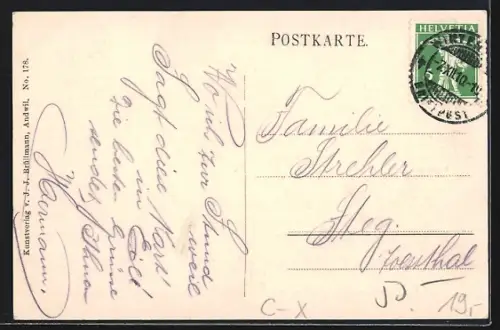 AK Berg /ZH, Stickerei, Schulhaus und Post
