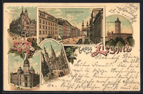 Lithographie Liegnitz, Kl. Ring mit katholischer Kirche, Passage, Post