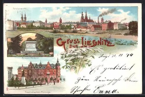 Lithographie Liegnitz, Totalansicht, Krieger-Denkmal, Friedrichsplatz-Passage