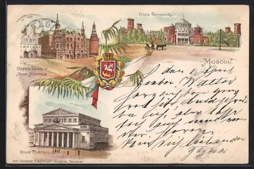 Lithographie Moscou, Chapelle Iversky et Musée Historique, Palais Petrowsky, Grand Théâtre