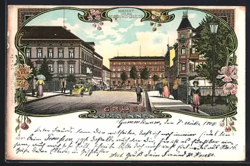 Lithographie Gumbinnen, Markt mit dem Regierungsgebäude