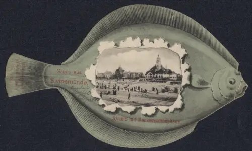 AK Swinemünde, Strand mit Koversationshaus im Flunder-Passepartout