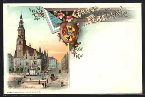 Lithographie Breslau, Strassenpartie am Rathaus