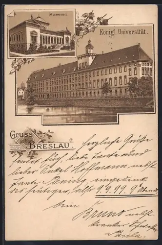 Lithographie Breslau, Museum und Königl. Universität