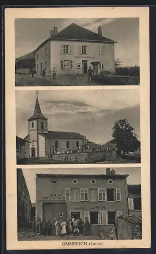 AK Ommerich /Lothr., Bäckerei Emile Lesdalon, Schul- und Gemeindehaus, Kirche