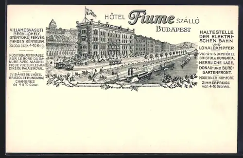 Künstler-AK Budapest, Hotel Fiume Szálló, Strassenbahn, Dampfer