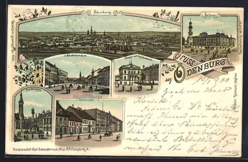 Lithographie Oldenburg, Theater und Listdenkmal, Grabenrunde, Rathaus