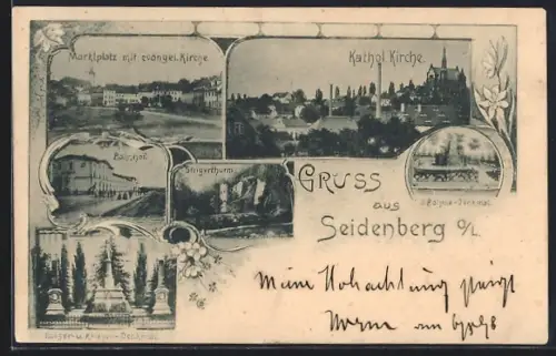 AK Seidenberg, Marktplatz mit evangel. Kirche, Bahnhof, Steigerthurm, J. Bohme-Denkmal