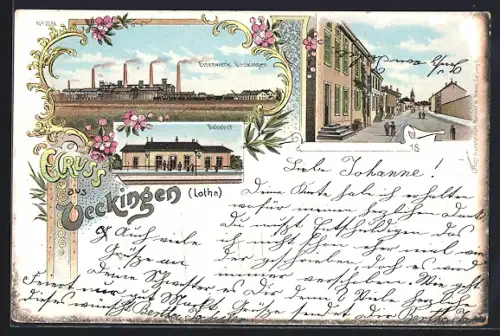 Lithographie Ueckingen / Ückingen, Bahnhof, Eisenwerk und Strassenpartie