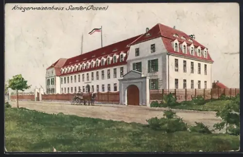 AK Samter, Blick zum Kriegerwaisenhaus, Pferdegespann