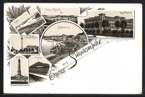 Lithographie Swinemünde, König Wilhelmsbad, Hafen, Leuchtturm, Fischbollwerk