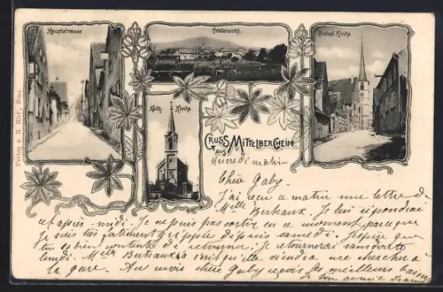 Lithographie Mittelbergheim, Kath Kirche, Protest. Kirche, Hauptstrasse