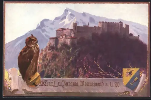 Künstler-AK Salzburg, XI. Convil zu Juvavia, Eule vor der Festung
