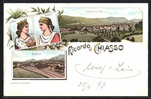 Lithographie Chiasso, Generalansicht, der Bahnhof, Portraits Helvetia und Italia