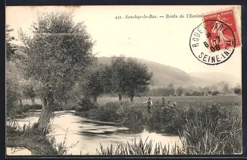 AK Sanchay-le-Bas, Bords de l`Eaulne avec un pêcheur et paysage champêtre