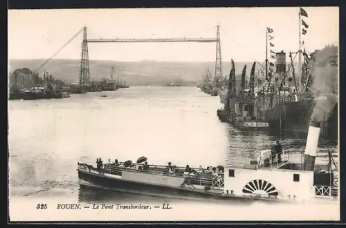 AK Rouen, Le Pont Transbordeur et bateau à vapeur sur la Seine