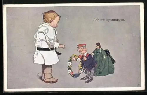 Künstler-AK Puppen präsentieren einem Kind einen Blumenkranz