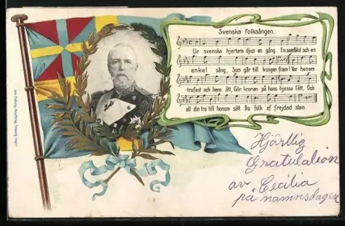 AK Oscar II von Schweden mit Liedtext und Musiknoten Svenska Folksangen