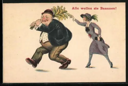 Künstler-AK Frau nimmt sich eine Banane von der Staude, die ein Mann trägt