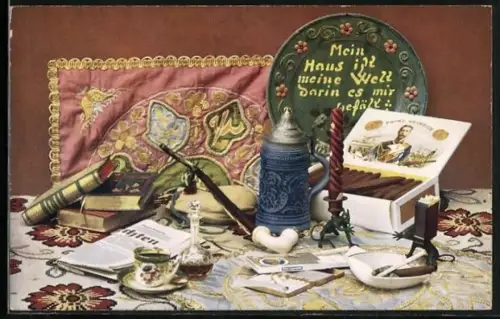 AK Streichhölzer, Zigarren, Zigaretten, Bierkrug, Pfeife, Kerze