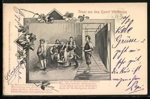 Lithographie Wörishofen, Wasserguss im Kurort