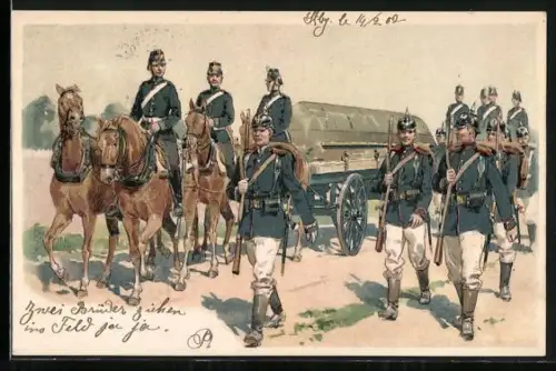 Lithographie Pioniere mit Ponton auf einem Fuhrwerk