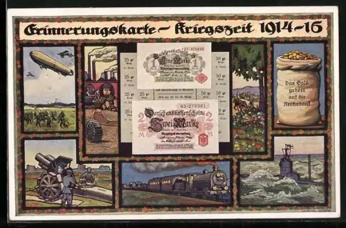 AK Erinnerungskarte Kriegszeit 1914-15, Zeppelin, U-Boot