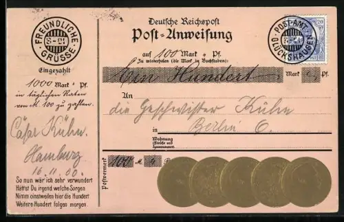 AK Post-Anweisung auf 100 Mark, Geldmünzen Deutsches Reich zu je 20 Mark