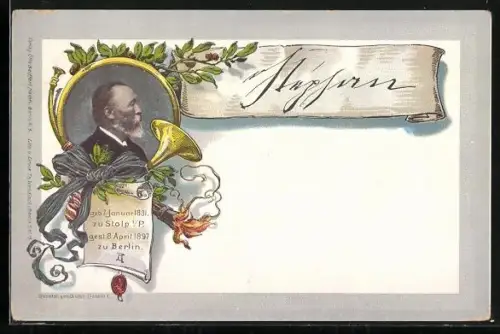 Lithographie Portrait von Heinrich von Stephan im Profil, Ansichtskartengeschichte